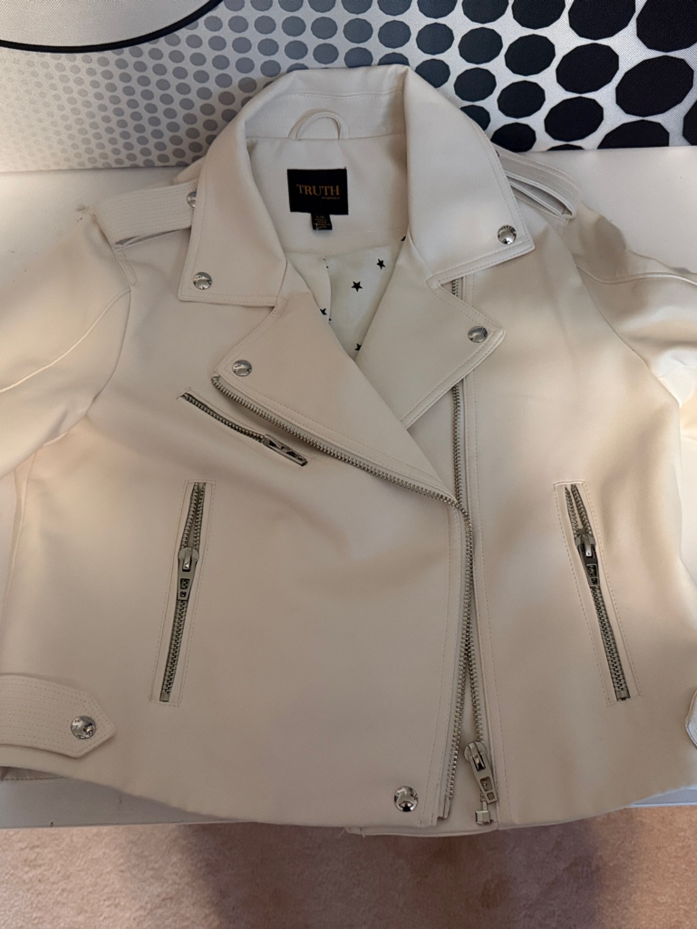 Truth Cream Faux Leather Moto Jacket with Silver Hardware